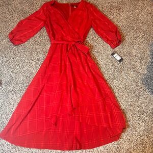 Tommy Hilfiger Red Plaid Midi Dress 3/4 Sleeve‎ Belted Party Size 6